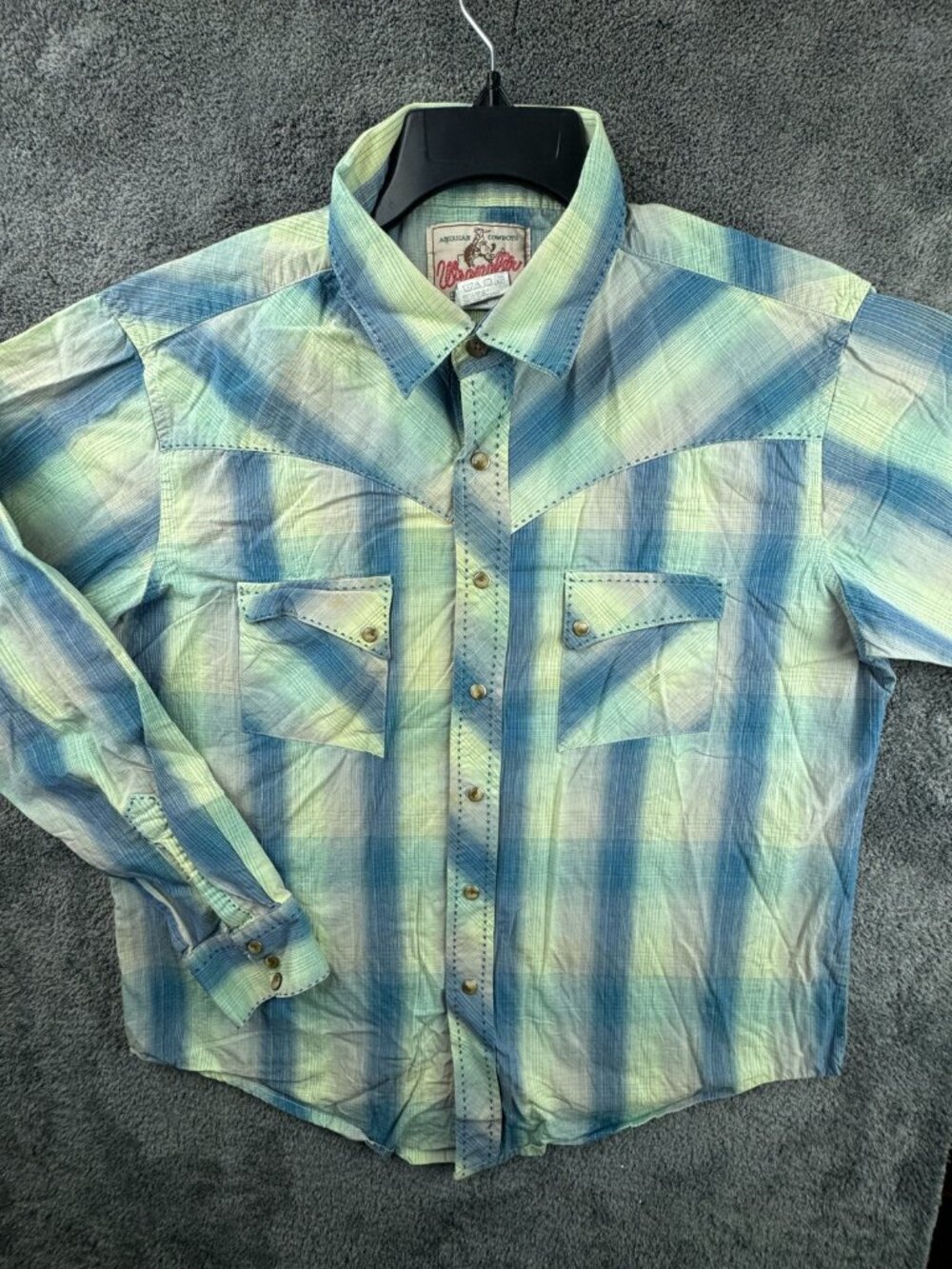 Wrangler Western Shirt Long Sleeve Size Large Blue Green Plaid Snap Up Cotton
